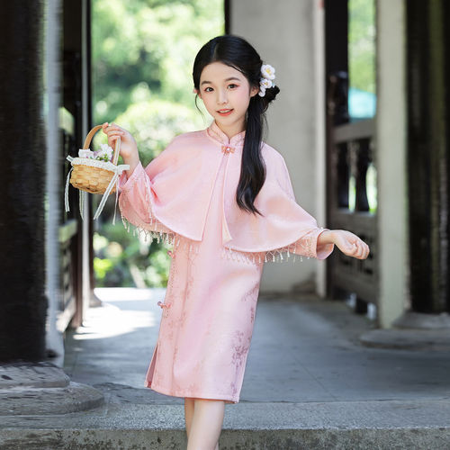 民国风旗袍女童改良粉色流苏披肩