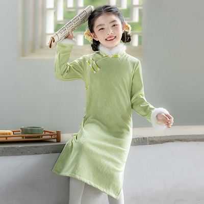 绿色女童旗袍冬季长袖国风儿童