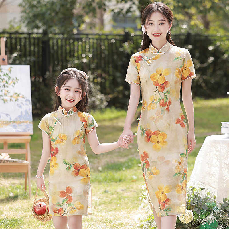 改良旗袍母女亲子装夏季国风新中式礼服女大童中国风连衣裙高级感