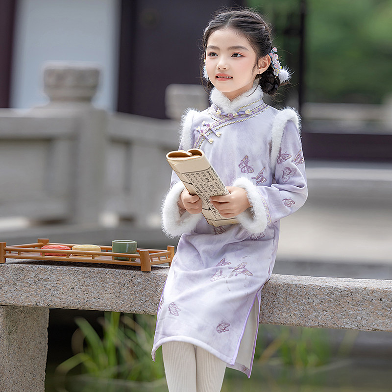 紫色旗袍女童新中式2025新款冬季长袖加绒儿童旗袍裙中国风小女孩