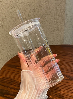 600ml网红玻璃杯新款高颜值喝水杯学生吸管杯女生果汁杯饮料杯子