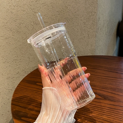 600ml网红玻璃杯新款高颜值喝水杯学生吸管杯女生果汁杯饮料杯子