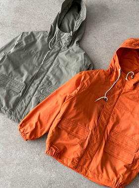 日系24AW余文乐同款橙色风衣连帽夹克水洗做旧棉服春季外套男