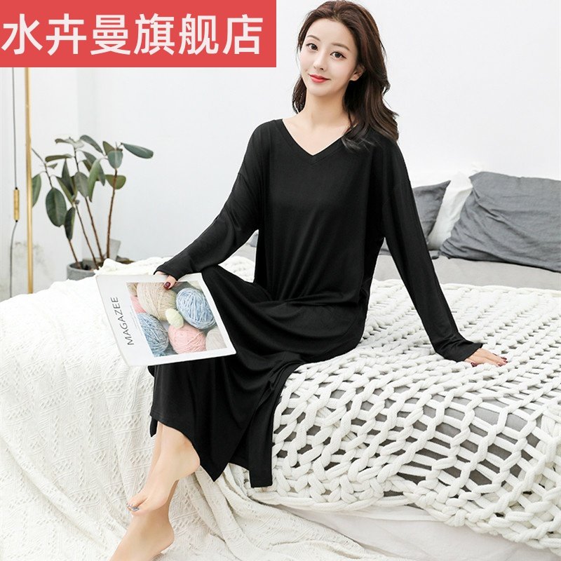 。长袖睡裙女春夏长款过膝开衩性感连体大码睡衣可外穿莫代尔家居