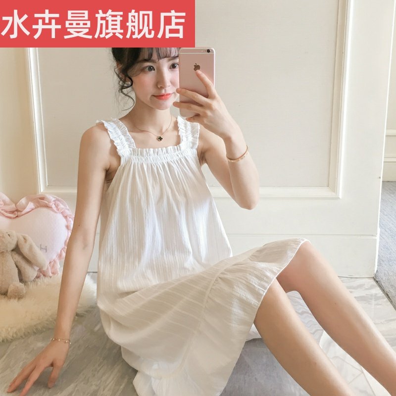 。夏季棉质吊带睡裙女薄款性感短袖连衣裙可爱少女连体睡衣家居裙