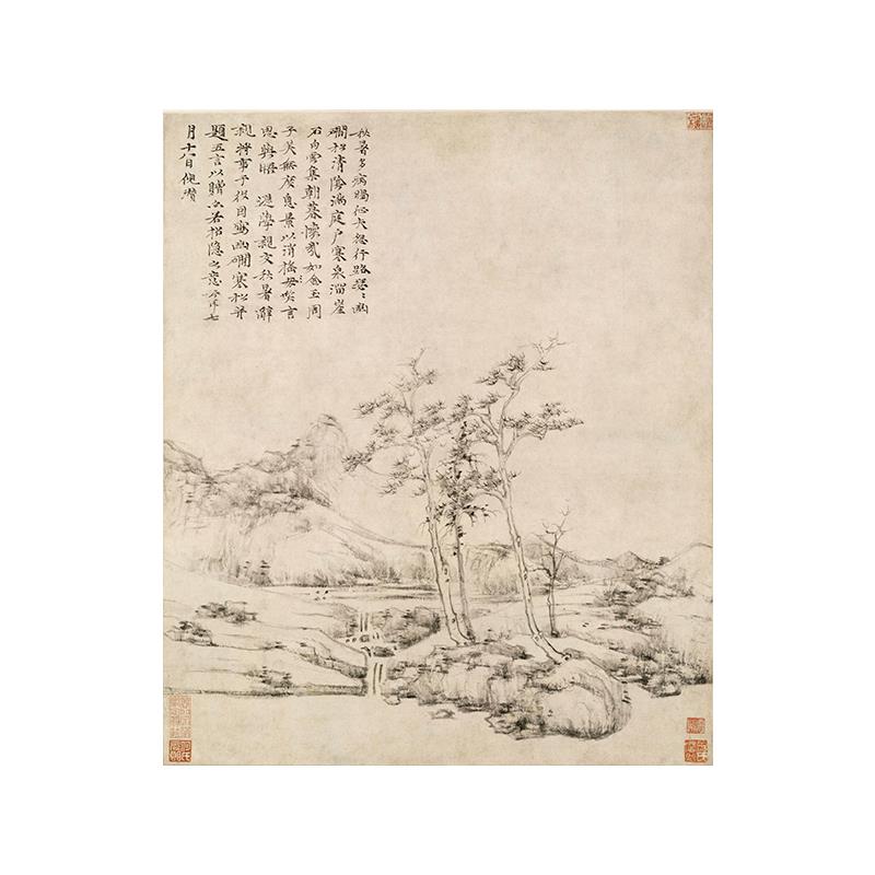 高清原大元代倪瓒晚年作品幽涧寒松图国画荒寒山水艺术微喷装饰画