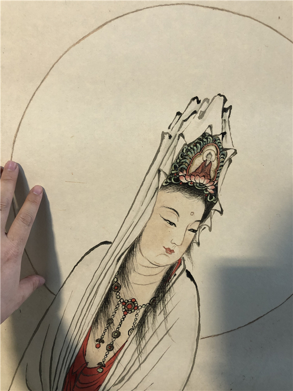 夏荆山-踏荷观音图国画佛画人物画工笔水墨画临摹画稿装饰画