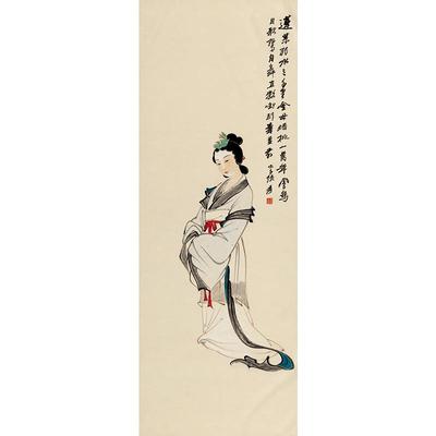 1:1张大千莲叶仕女图名家真迹国画艺术微喷名画复制品临摹装饰