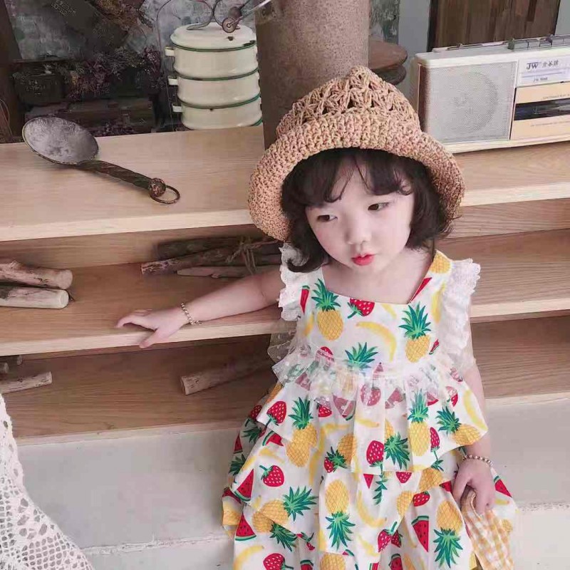 【恕恕】夏新品女童层层菠萝草莓水果印花背心裙儿童纯棉连衣裙