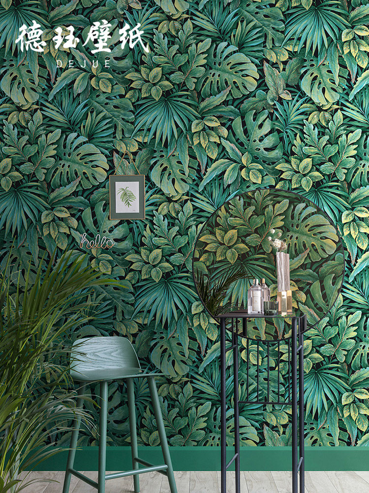 东南亚风格热带雨林棕榈叶绿色芭蕉叶树叶墙纸卧室客厅背景墙壁纸