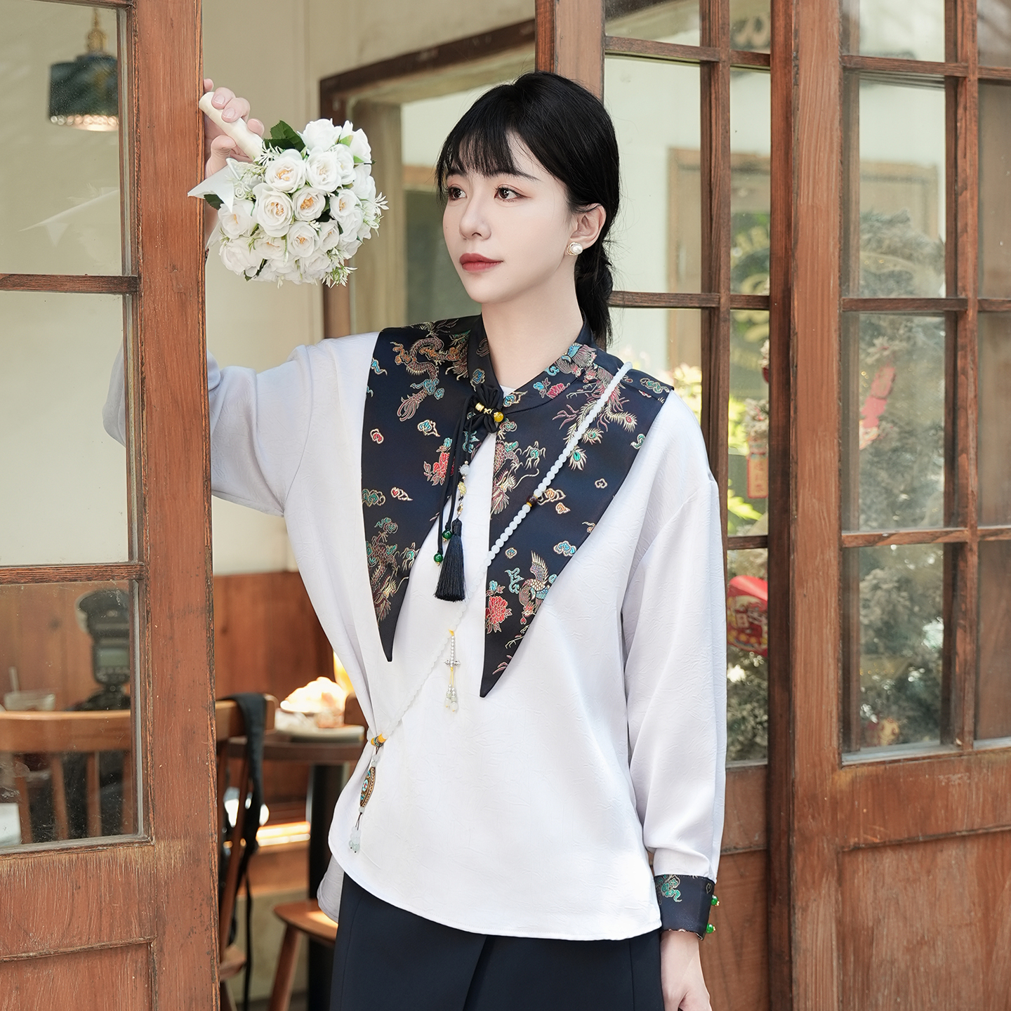 印花秋季新中式国风个性系带长袖