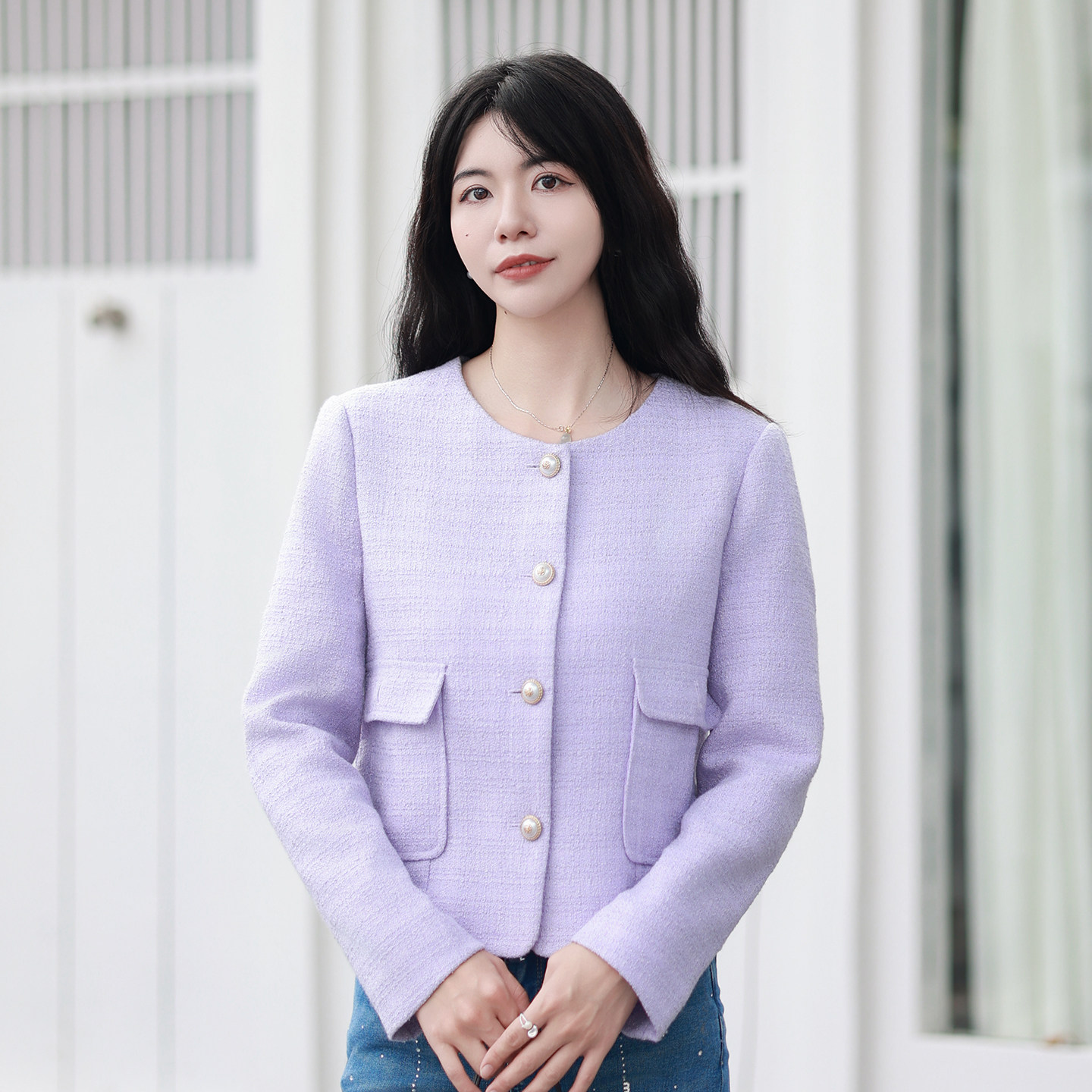 五丁目衣舍2025新款淡紫色短外套女圆领珍珠扣长袖上衣47705364