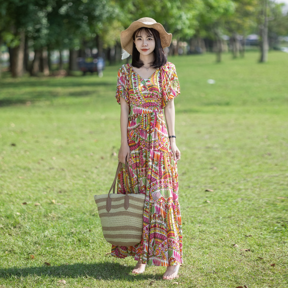夏季复古多彩印花连衣裙气质女