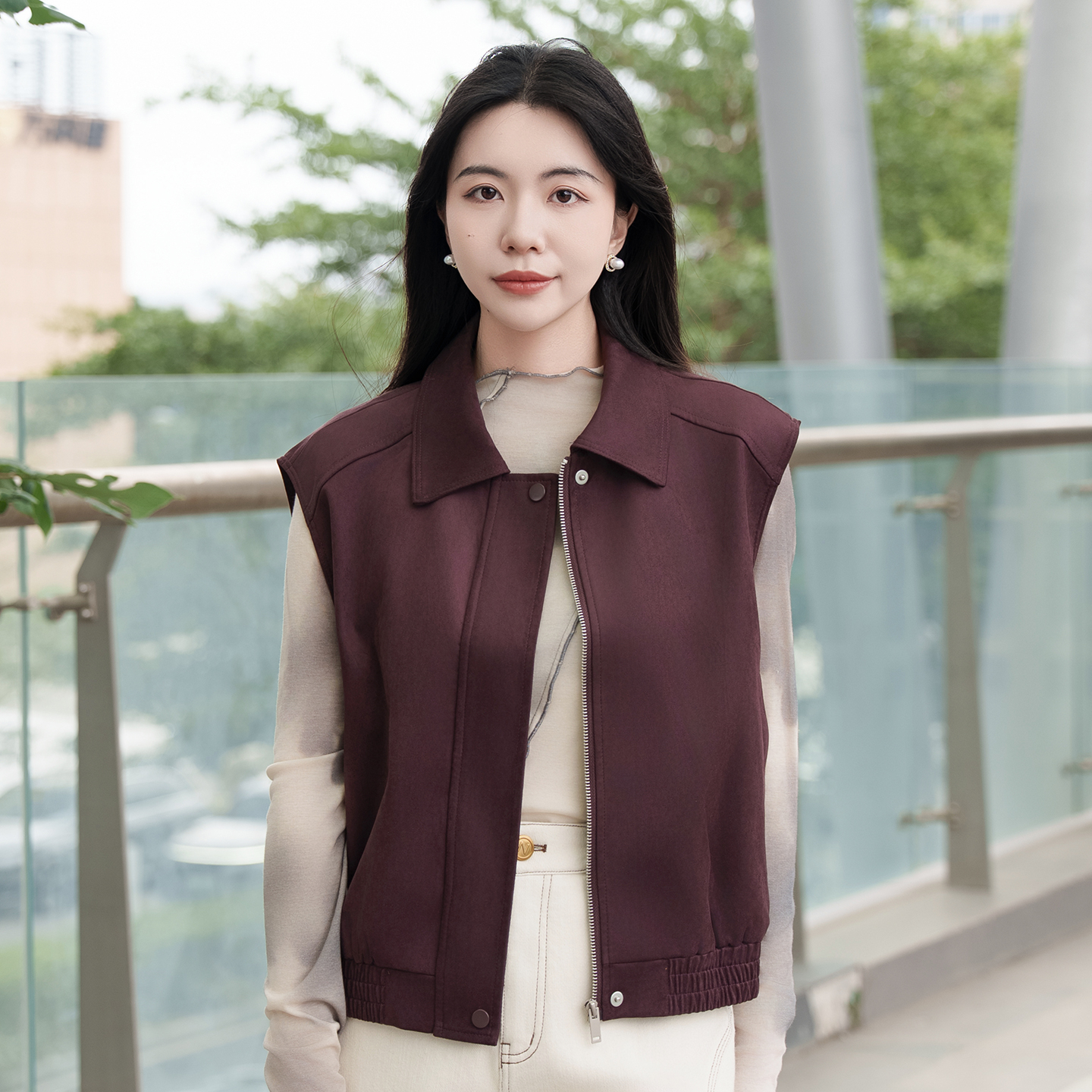 复古风麂皮无袖马甲女