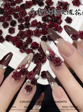 新年饰品哥特软雕玫瑰花网红安可拉红色立体穿戴甲山茶花大小混
