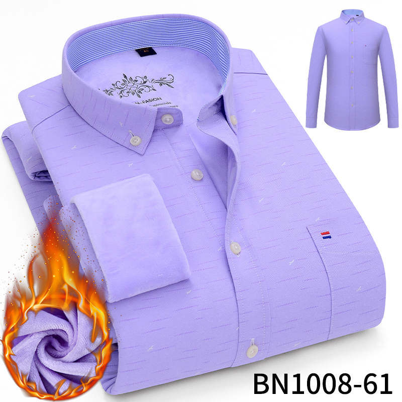 冬季加绒保暖牛津纺衬衫男长袖商务休闲职业装紫色印花衬衣免烫潮
