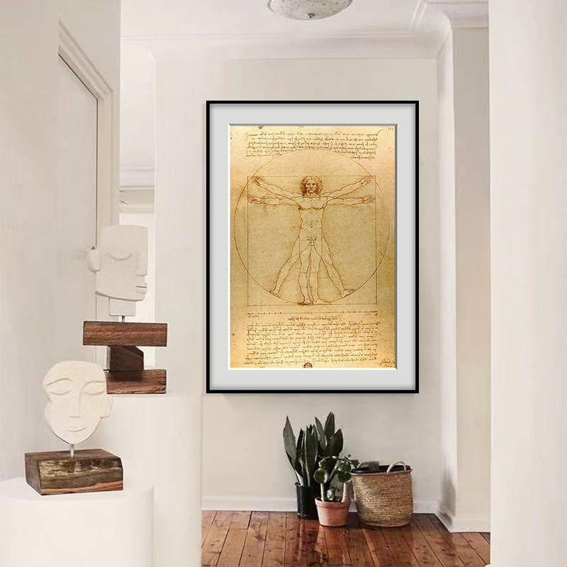 达芬奇手稿维特鲁威人装饰画复古怀旧挂画世界名画书房办公室壁画