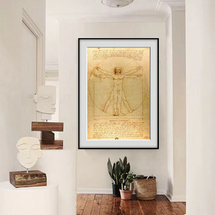 达芬奇手稿维特鲁威人装饰画复古怀旧挂画世界名画书房办公室壁画