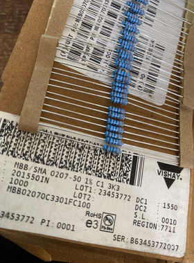 20个=3元 3.3K/3K3 VISHAY威世1%金属膜电阻器 0.25W 铜脚1/4