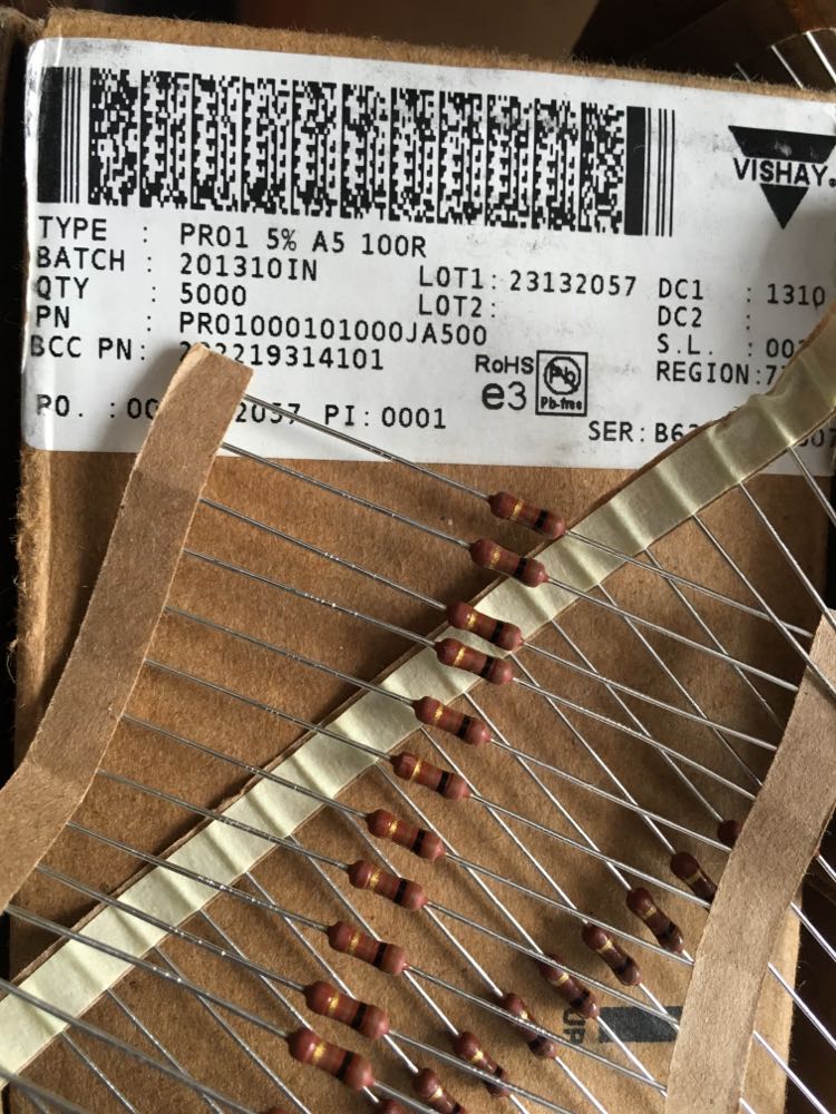 10只=2元 VISHAY 色环金属膜氧化膜电阻器 PR01 100R 100欧 1W