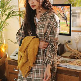 妹妹家 长衬衫 韩国代购 连衣式 2024秋新日系森女格纹立领长袖 ㊣