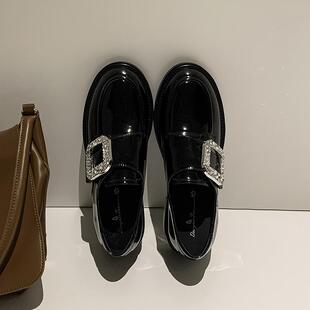 香港RVFA乐福鞋女方扣水钻单鞋复古粗跟真皮英伦风小皮鞋2025新款