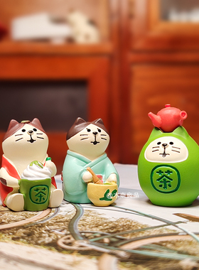 日式猫喝茶春日抹茶福茶园休闲烘焙装饰树脂工艺品迷你装饰摆件