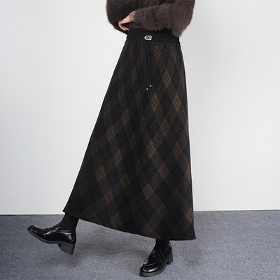 秋冬新款格子毛线半身裙长裙