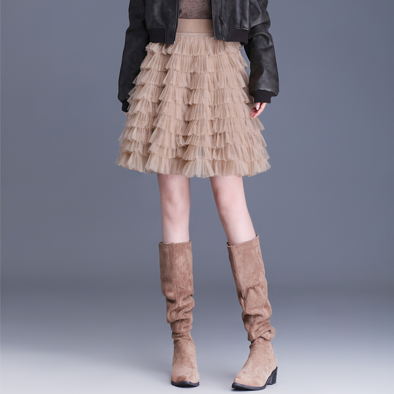2023冬季新款毛线半身裙女百搭网纱蛋糕蓬蓬短裙纱裙小个子百褶裙