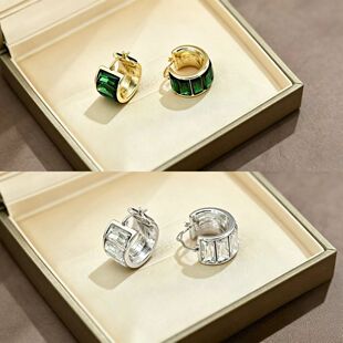 复古重工宽面半圈镶钻18K金耳扣方白钻C圈s925银针女士百搭耳环