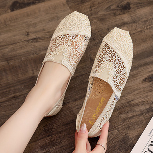 单鞋 春夏新款 女士凉鞋 女2021透气网面一脚蹬平底懒人鞋 镂空布鞋