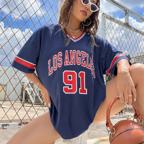 Oversized V-neck T-shirt short sleeved top