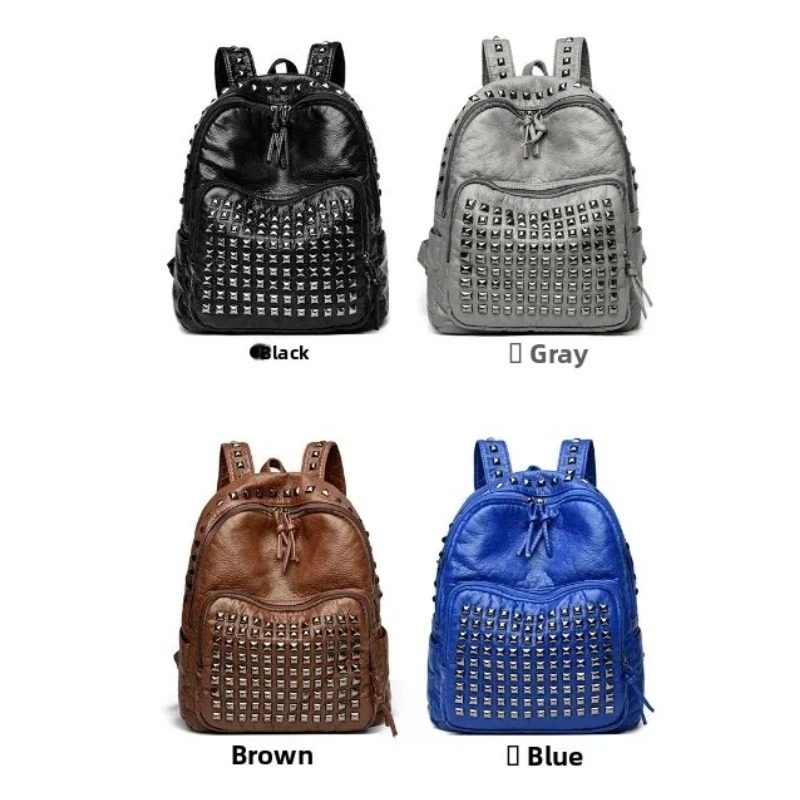 2026 new ultra-cool riveted soft PU zipper backpack