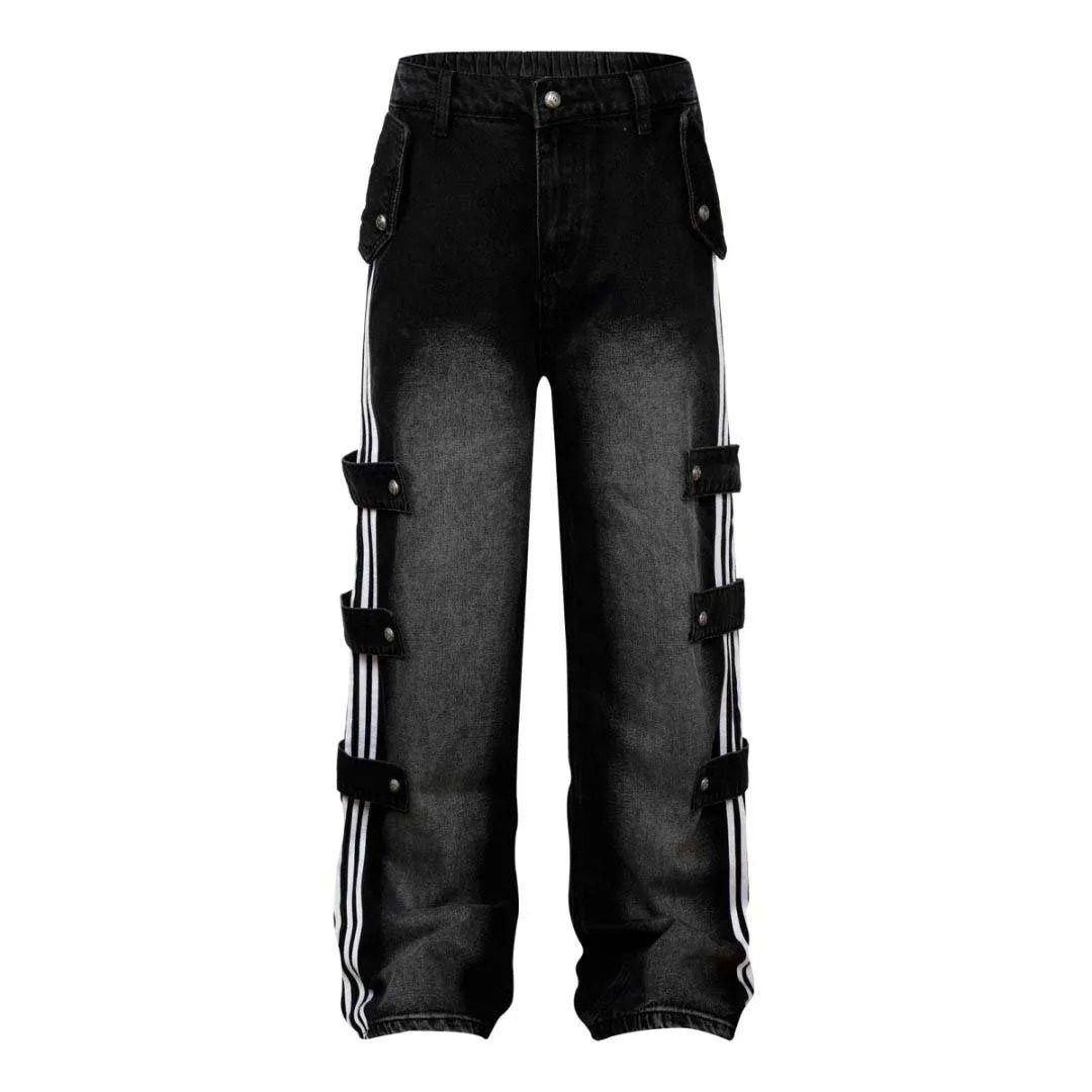 Striped decorative loose jeans washed with water