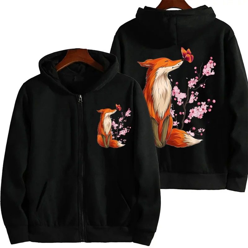 Zipper sweatshirt with vintage cherry blossom pattern