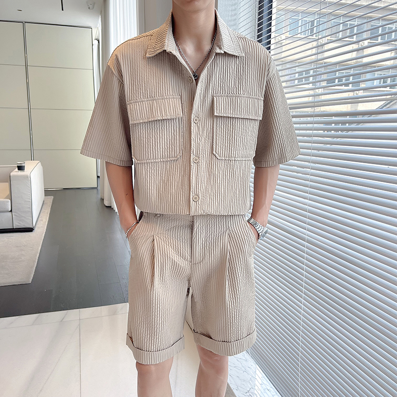 TZ12P95现货小众设计纹理褶皱短袖衬衫套装男抗皱宽松短裤两件套，男装牛仔裤，星座1115（原A403）