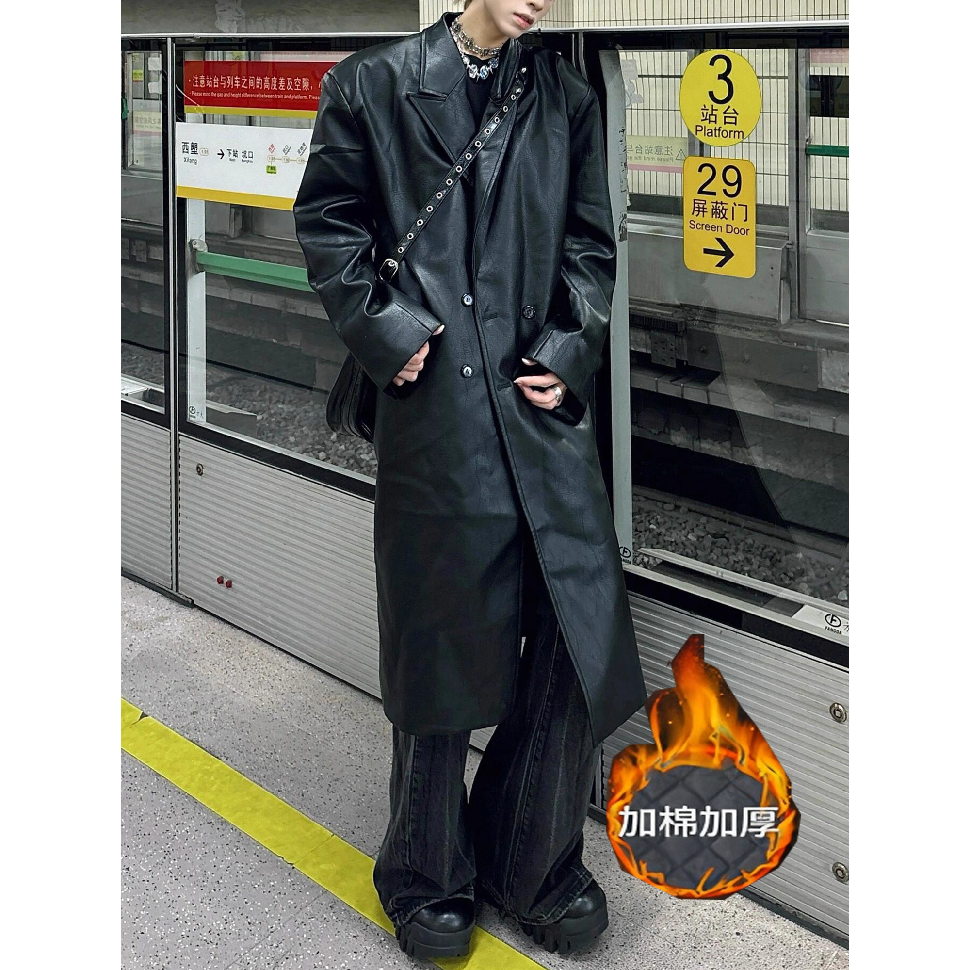 DY88P140现货加棉高级感痞帅中长款过膝垫肩pu皮大衣加厚皮风衣，男装风衣，星座1115（原A403）