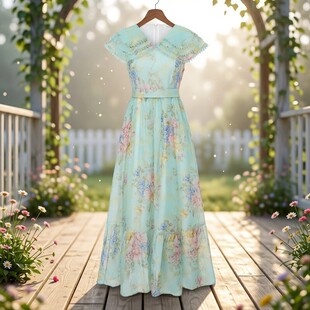 英伦风娃娃领减龄大码 长裙女 花卉精致连衣裙女法式 拍照好看很仙