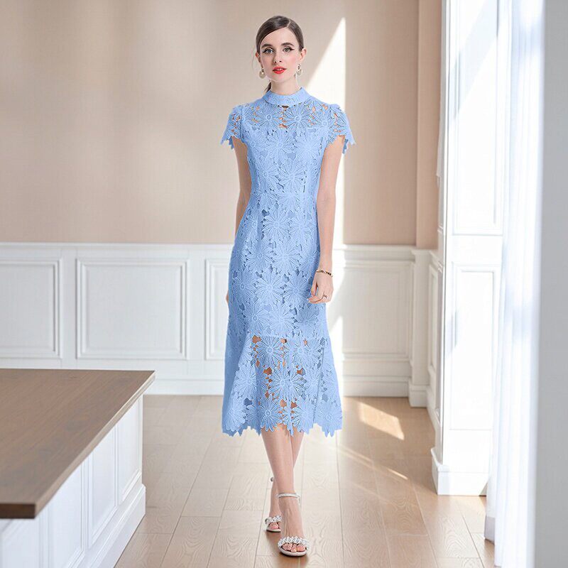 气质名媛甜美风镂空蕾丝连衣裙女夏修身收腰鱼尾裙大码优雅礼服裙