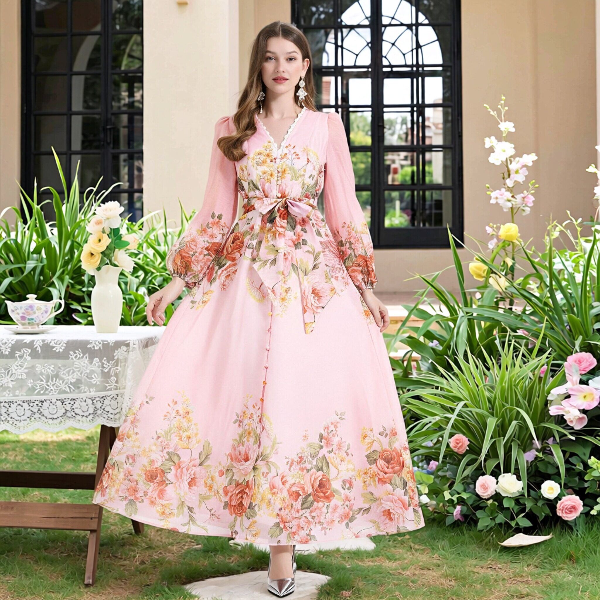 度假拍照好看很仙的仙女田园风花卉大码连衣裙名媛明星走秀礼服女