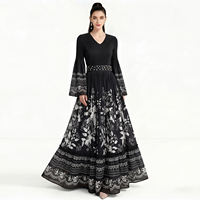 European-style blue and white porcelain ultra-long swing dress, long skirt, socialite, star long-sleeved, waist-cinching, large-sized dress, slimming evening dress thumbnail 2