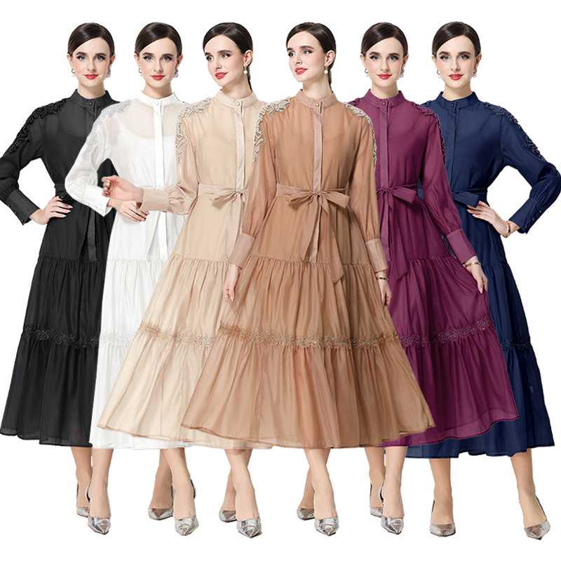 旅行度假拍照好看的复古刺绣钉珠连衣裙名媛明星走秀大码蛋糕礼服