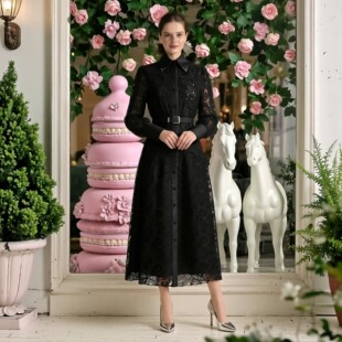 法式英伦风优雅翻领长袖蕾丝粉色连衣裙名媛明星走秀黑色礼服长裙