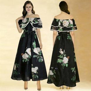 名媛明星款 度假风花卉一字肩荷叶边连衣裙 走秀礼服长裙拍照好看