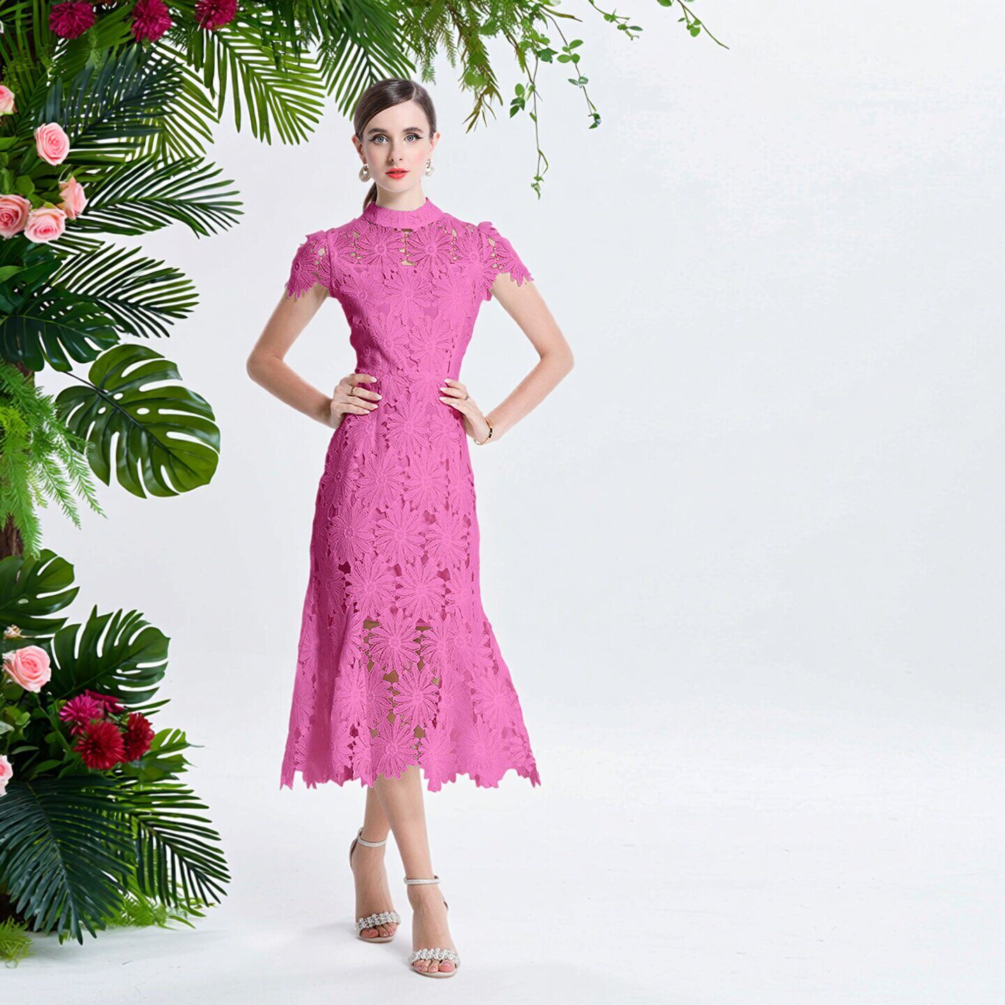 气质名媛甜美风镂空蕾丝连衣裙女夏修身收腰鱼尾裙大码优雅礼服裙