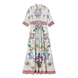 法式英伦风优雅手钉珠短袖大码连衣裙欧式宫廷风复古印花衬衫长裙