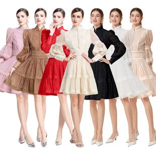 名媛法式优雅蕾丝拼接收腰灯笼袖连衣裙好看很仙的小个子仙女裙女