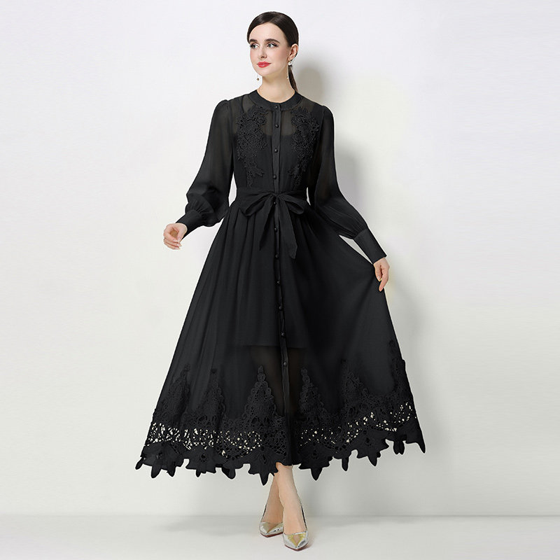 欧式宫廷风圆领长袖刺绣连衣裙泰国气质显瘦名媛大码礼服性感长裙