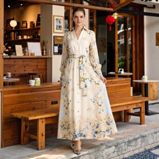 好看很仙的度假风彩色亚麻长袖连衣裙法式英伦风走秀礼服大码长裙