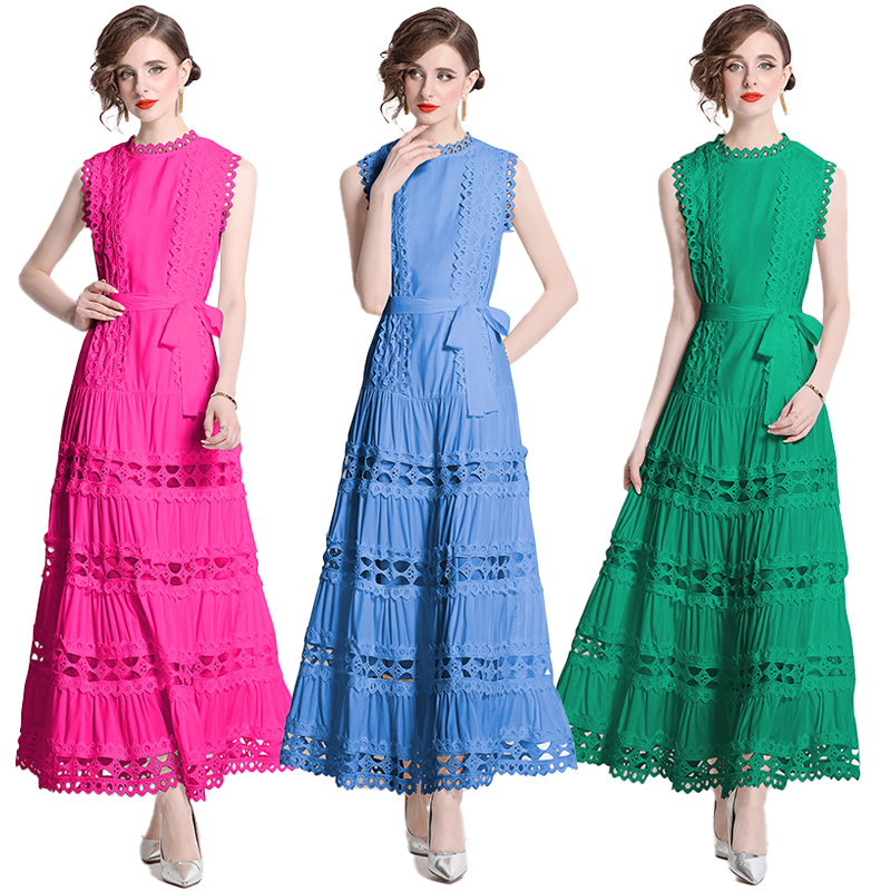 明星款优雅无袖蕾丝镂空连衣裙收腰显瘦高级感糖果色超长走秀礼服